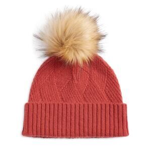 Red Cashmere Knit Faux Fur Pom Pom Beanie Hat By Nordstrom New
